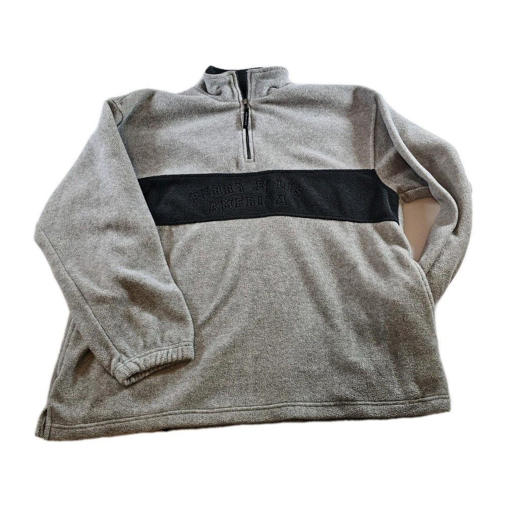 VTG Perry Ellis 1/4 Zip Front Pockets Fleece Mens Large Pullover Gray *Read*‎
